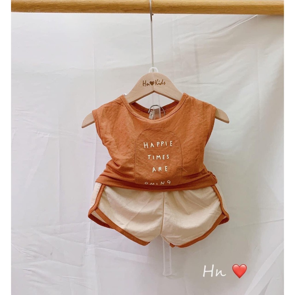 Bộ quần áo bé trai bé gái happy chất thun cotton đũi mát mẻ hút mồ hôi cho bé từ 5kg đến 16kg( màu vàng, xanh, nâu, cam)