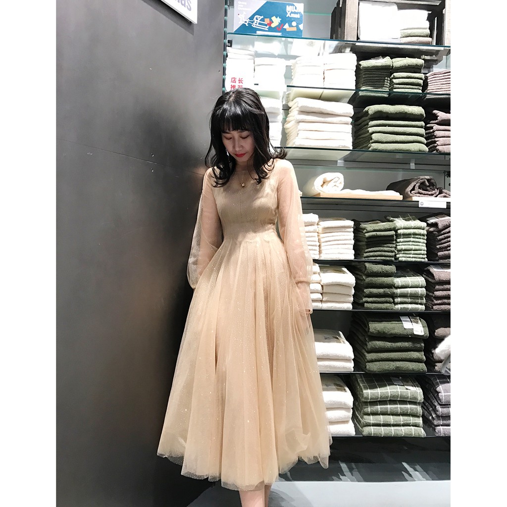 Đầm công chúa Ulzzang dáng xòe lưới kim sa thắt eo tôn dáng