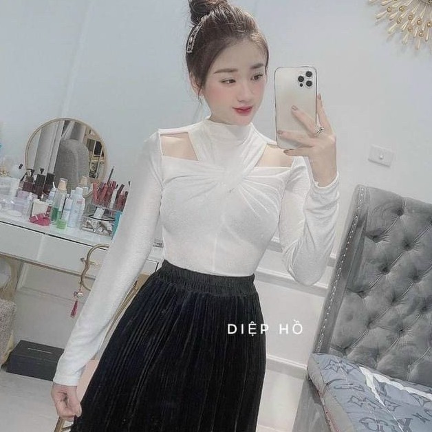 áo kiểu tay dài xoắn cổ trà xanh hot hit tôn dáng