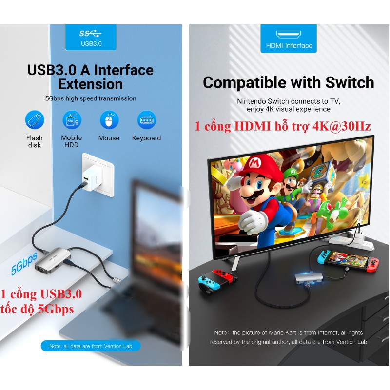Bộ Hub chuyển đổi Vention USB C sang HDMI VGA USB C 4K 1080P tương thích laptop táo Pro tablet táo Pro Dell XPS