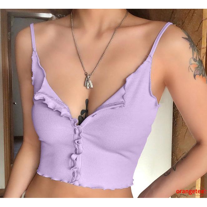 Áo Croptop Dệt Kim Phối Nút Thiết Kế Quyến Rũ Cho Nữ