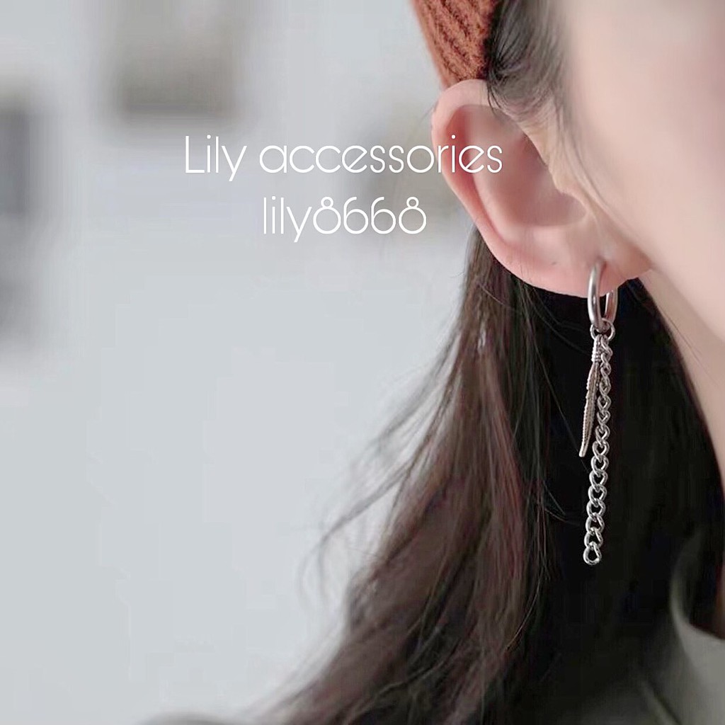 Leaf Chain Earring Khuyên tai titan chiếc lá dây xích cho nam nữ không gỉ không đen không dị ứng unisex