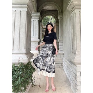 (sẳn) Chân váy xếp ly lụa hoạ tiết hình 2 màu sang chảnh