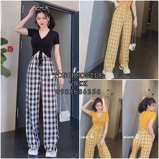 SET ÁO CROPTOP RÚT DÂY ĐEN VÀNG MIX QUẦN CULLOTES KẺ CARO ỐNG RỘNG VÀNG ĐEN