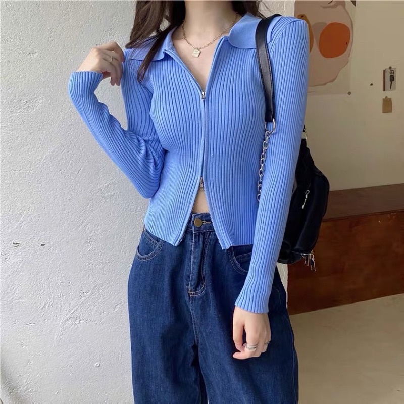 Áo len tăm cổ sơ mi có khoá kéo free size 3 màu (xanh, be, đen) thích hợp mùa thu