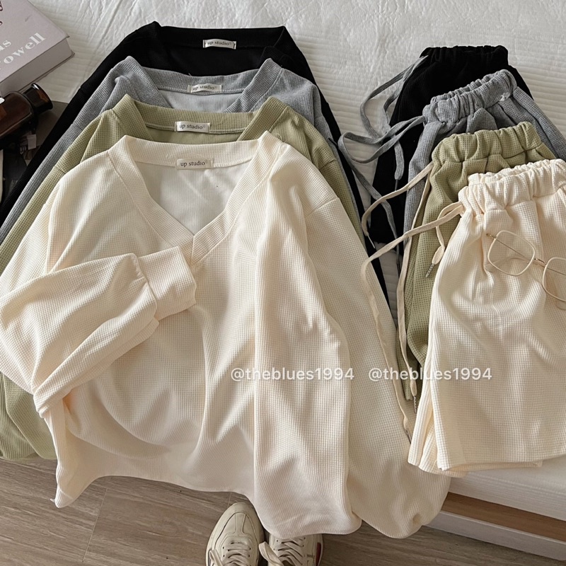 Set Quần Đùi Áo Sweater Cổ V Chất Xốp Tổ Ong