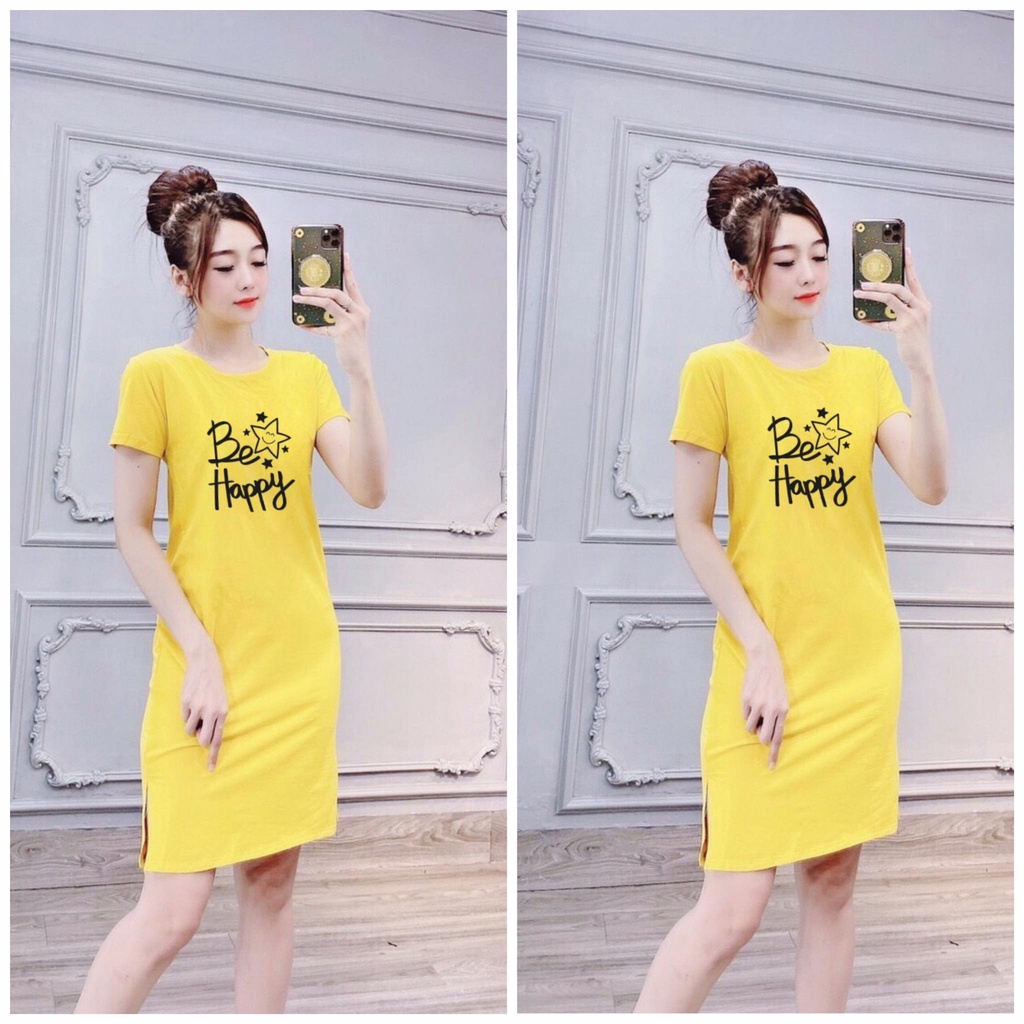 Đầm thun nữ MXM form suông xẻ tà cổ tròn in chữ Be Happy mã D163