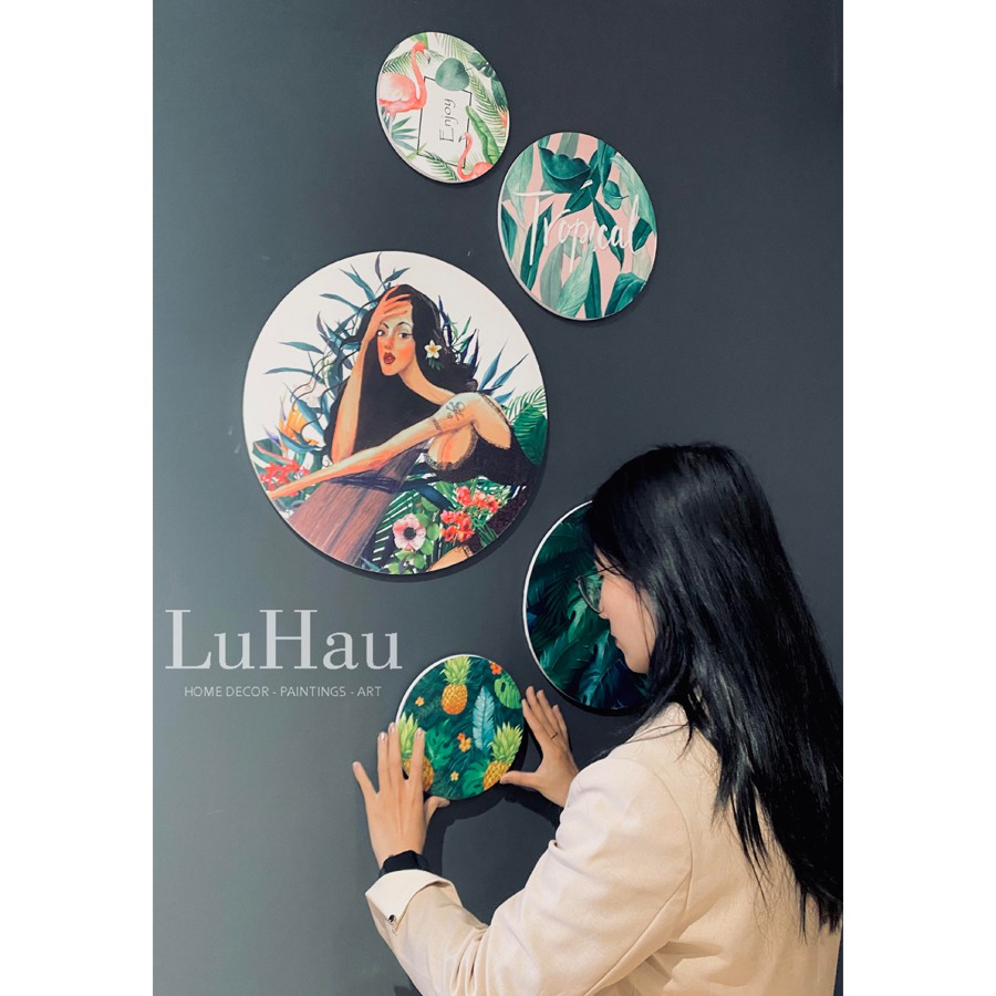 Tranh tròn decor Luhau Tropical nhiệt đới bộ 7 tranh trang trí phòng khách, tranh dán tường 3D được gắn sẵn băng dính 3M