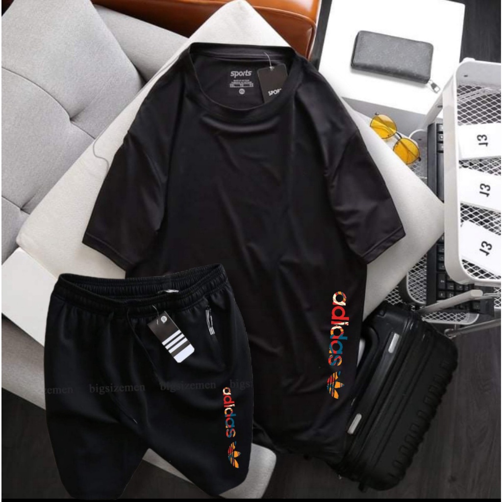Set bộ thể thao nam thun lạnh bigsize màu đen in hình màu -80-140kg