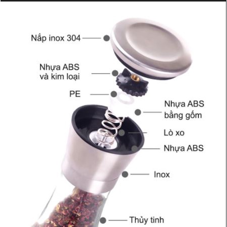 Cối xay tiêu cầm tay Inox 304, thân thủy tinh cao cấp