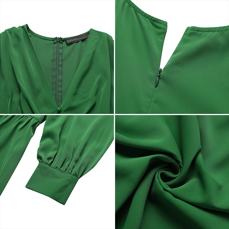 Đầm Dài Zanzea Dáng Chữ A Tay Phồng Cổ Chữ V Ôm Eo Phối Khóa Kéo Thời Trang Cho Nữ