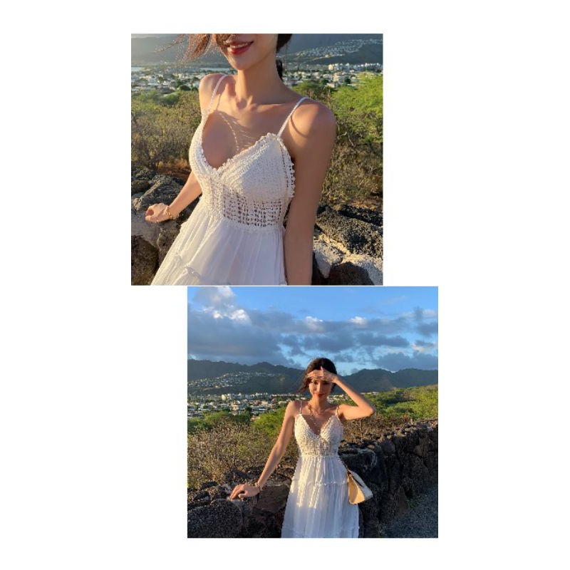 Sẵn - Đầm maxi 2 dây trắng đi biển, chụp hình cưới