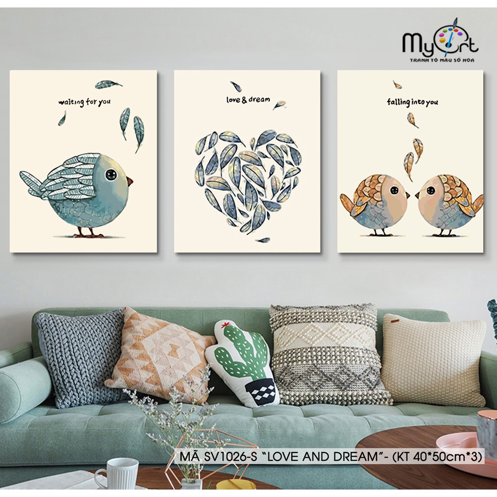 Bộ tranh sơn dầu số hóa tự tô màu DIY 3 bức - Mã SV1026S Chim tình yêu Love and dream Tranh hiện đại Myart