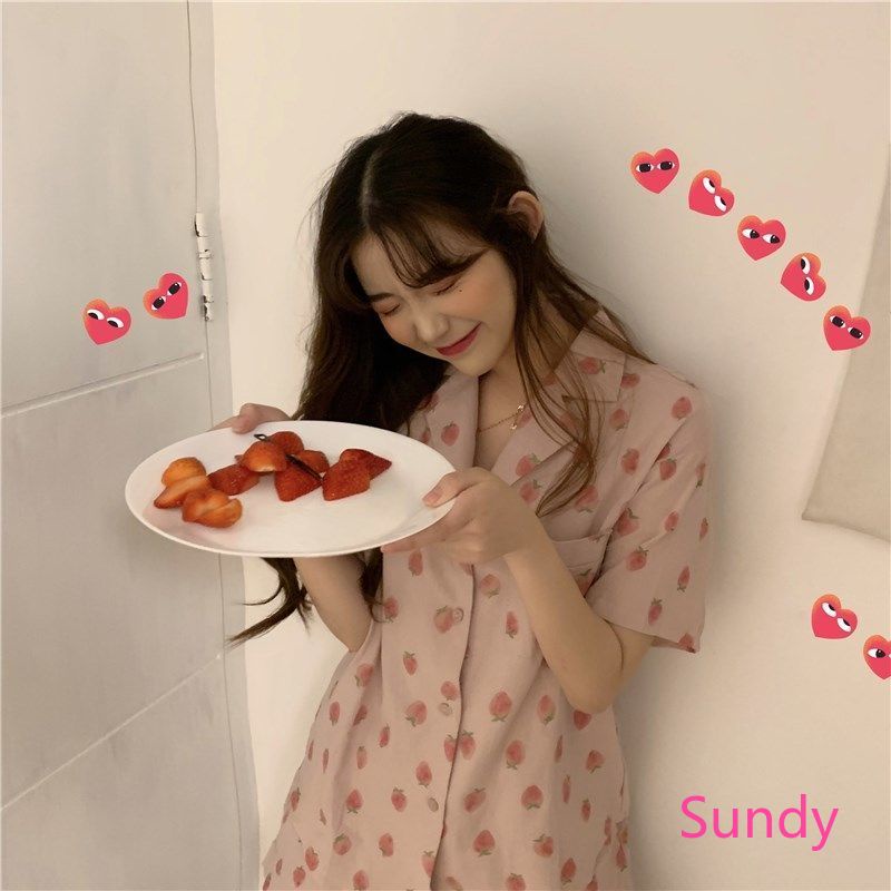 Set đồ ngủ ngắn tay in hình dâu tây thời trang hè cho nữ