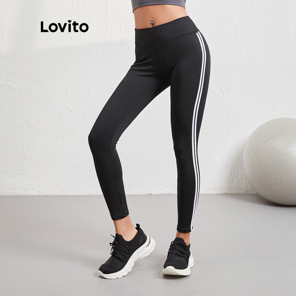 Quần legging thể thao Lovito phối màu tương phản độ co giãn cao L08078 (màu đen)
