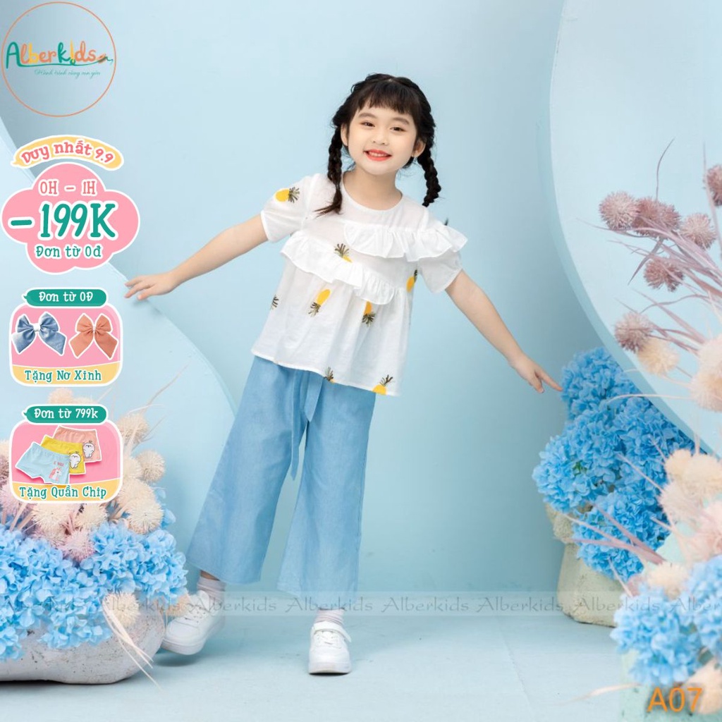 Sét quần áo bé gái ALBER áo họa tiết quả dứa phối quần,chân váy jean cho trẻ em 5,6,7,8,9,10,11,12 tuổi [A07,Q05,Q06]