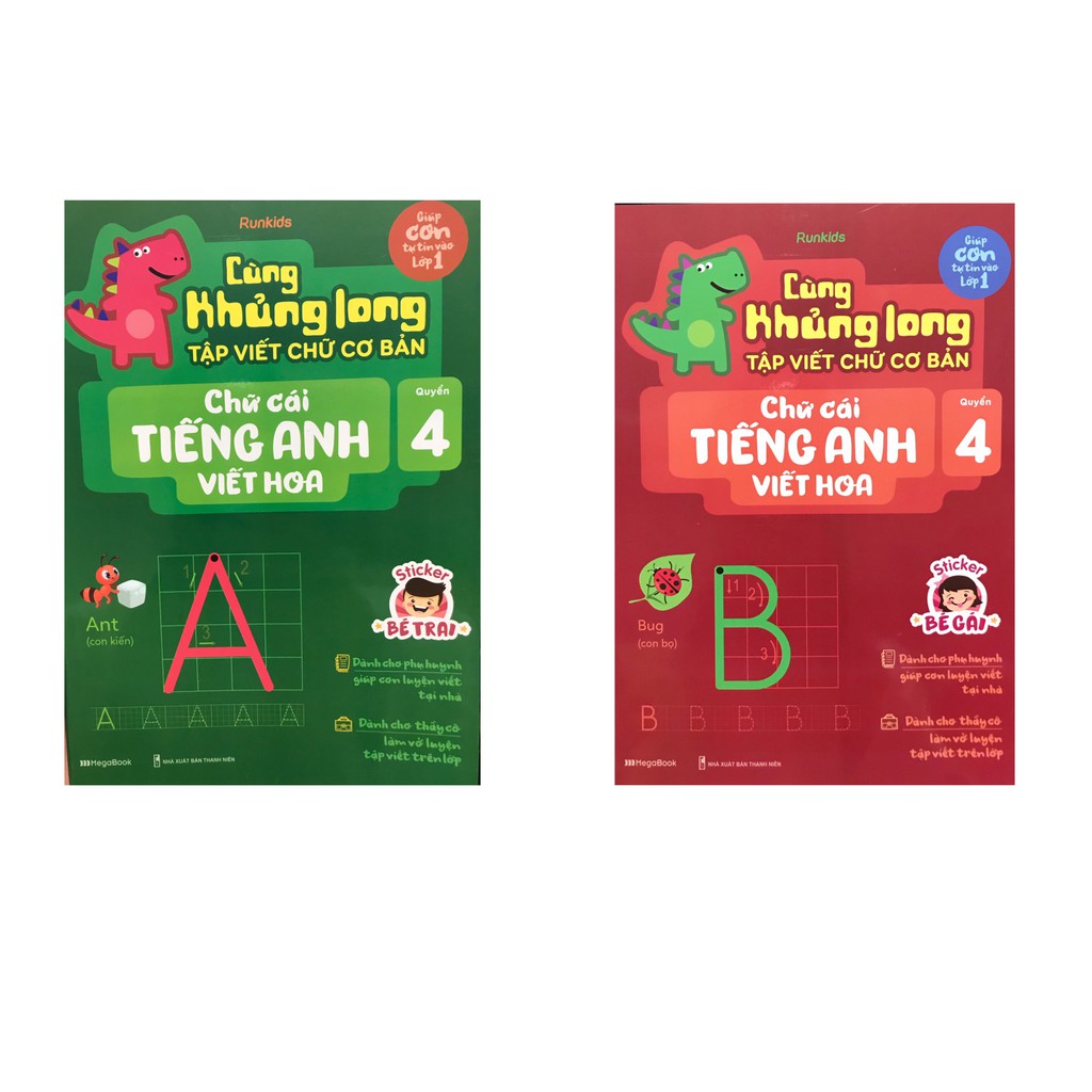 Sách - Combo Cùng Khủng Long Tập Viết Chữ Cơ Bản-Chữ Cái Tiếng Anh Viết Hoa (sticker bé gái+bé trai)