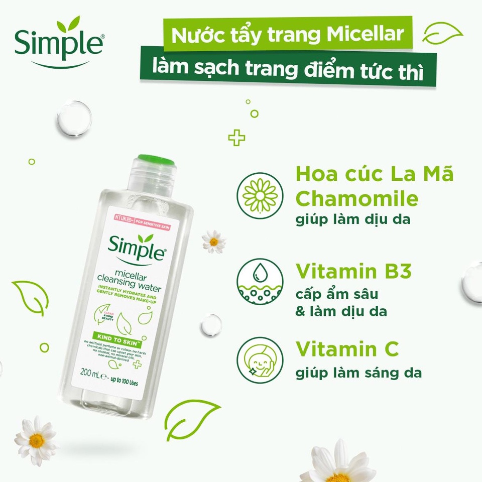 Combo dưỡng da dịu nhẹ Simple chính hãng Sữa rửa mặt + Nước hoa hồng + Nước tẩy trang cho da sạch khỏe đàn hồi