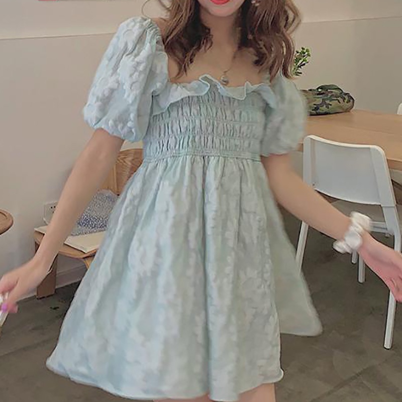 IELGY  Đầm Trễ Vai Tay Phồng Màu Trơn Mỏng Nhẹ Giảm Béo Thời Trang