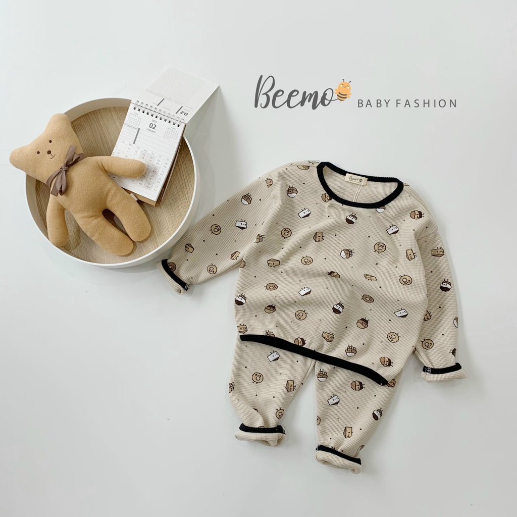 Bộ quần áo Beemo cho bé trai, bé gái chất cotton tổ ong, set trang phục dài tay in hình bánh dễ thương - 21B187