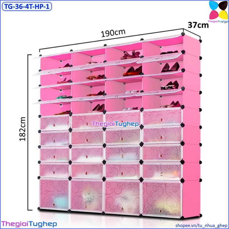 Tủ giầy nhựa lắp ghép 36 ô, 4 cột, có cửa và ngăn để bốt, chứa được 72 đôi (Đen vân, Vàng trơn, Xanh dương, Hồng phấn)