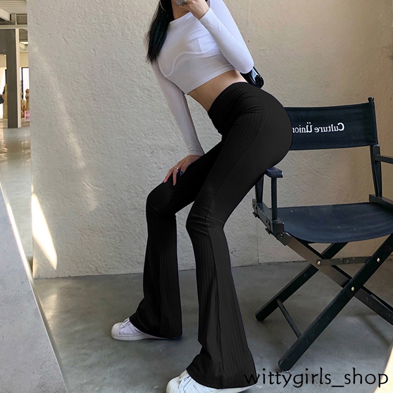 Wittygirls_shop | Quần Dài Lưng Cao Màu Sắc Trơn Phong Cách Quyến Rũ