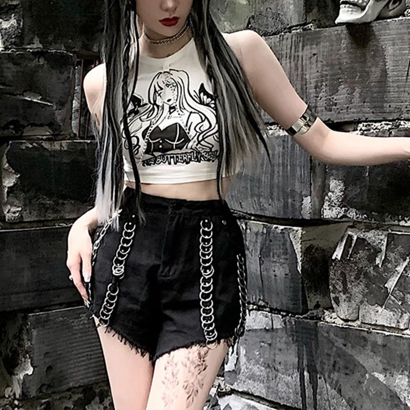 Áo Crop Top Cổ Tròn In Họa Tiết Hoạt Hình Phối Dây Xích Gợi Cảm Thời Trang Mùa Hè Cho Nữ