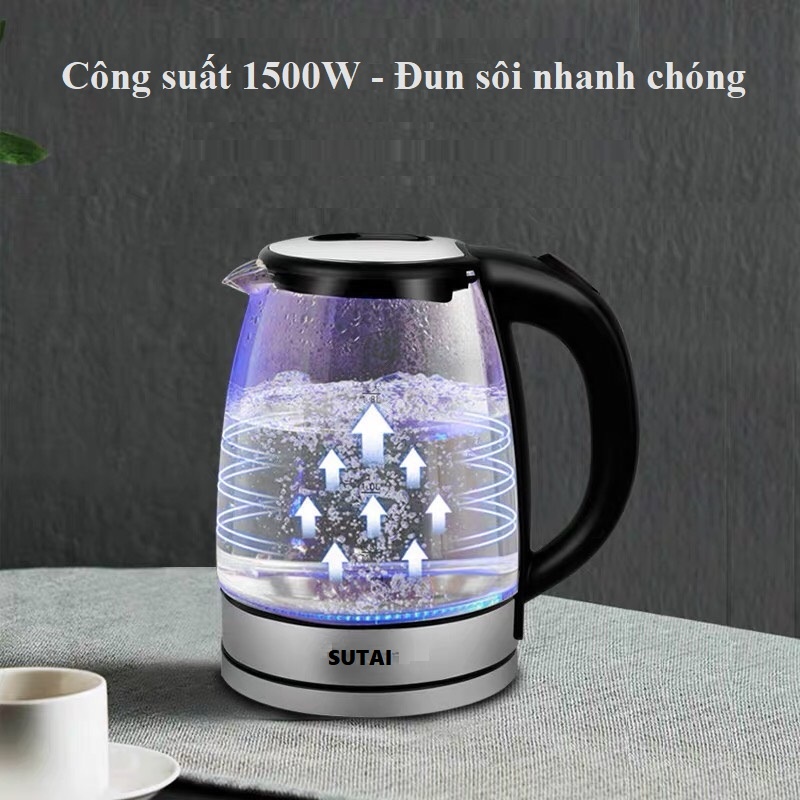 Ấm siêu tốc thủy tinh trong suốt CAO CẤP SUTAI Dung tích 2.0L - Ấm thủy tinh siêu tốc, tiết kiệm điện, có đèn LED !