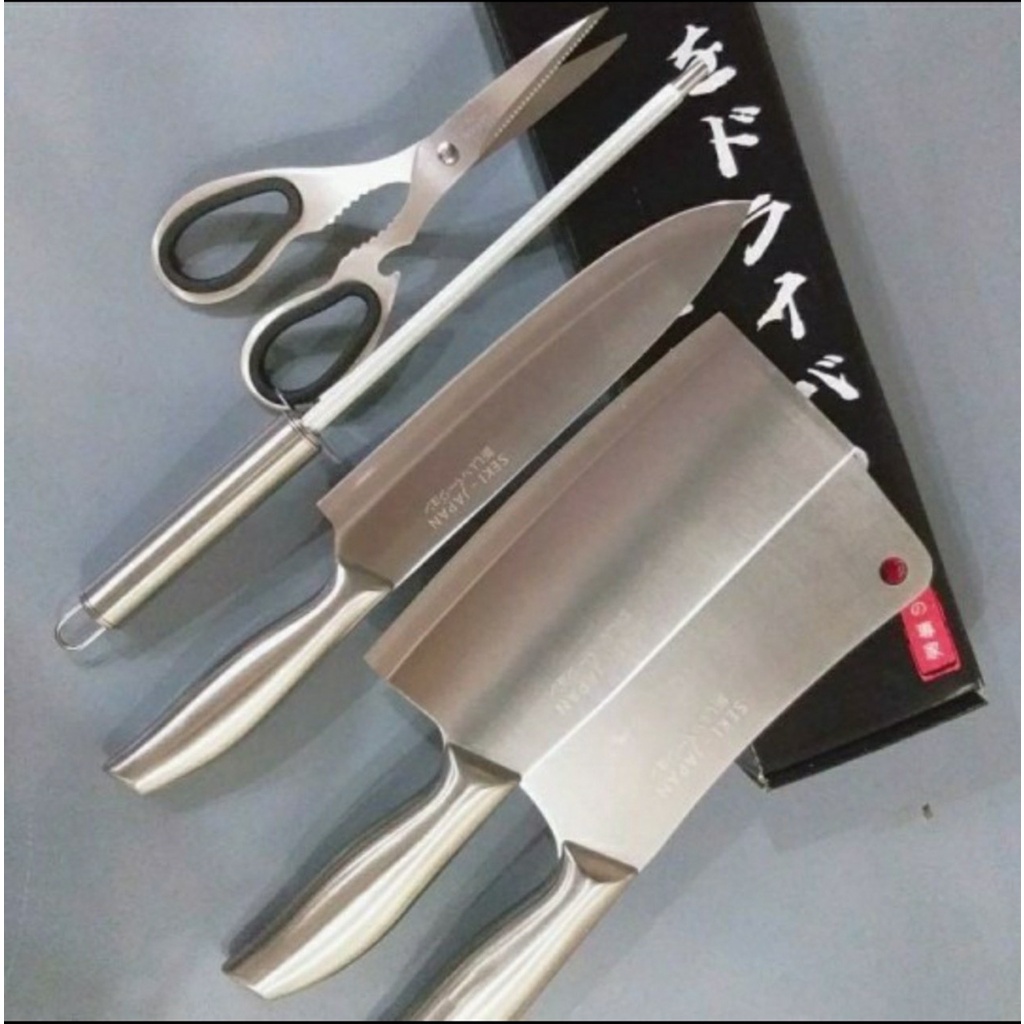 [FREESHIP] Bộ Dao Kéo 6 Món Nhật Bản Inox Đúc Nguyên Khối Cao Cấp Khắc Chữ SEKI JAPAN Có Đế Cắm Làm Từ Thép Không Gỉ.