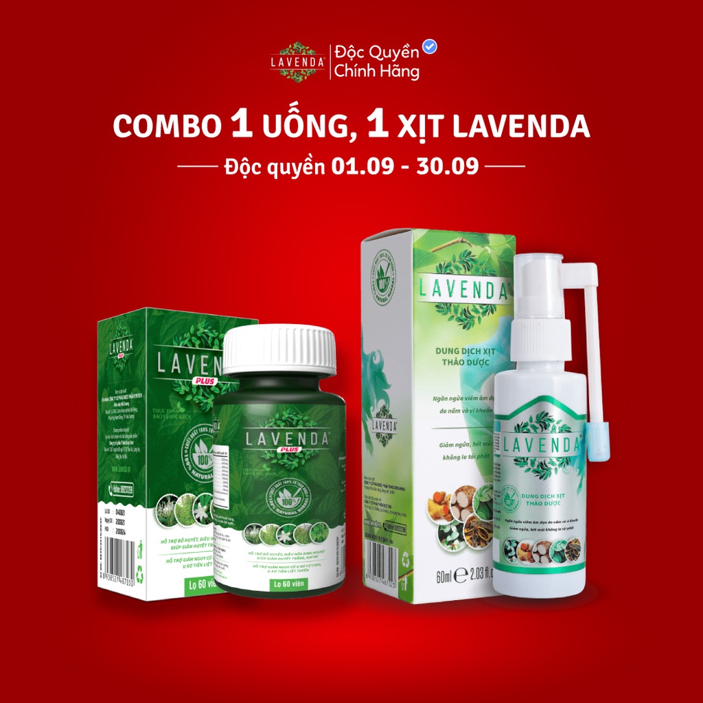 Combo xóa sổ Khí hư, Huyết trắng, Nấm ngứa, Khử mùi hôi (1 xịt Lavenda 60 ml + 1 uống Lavenda Plus 50g)