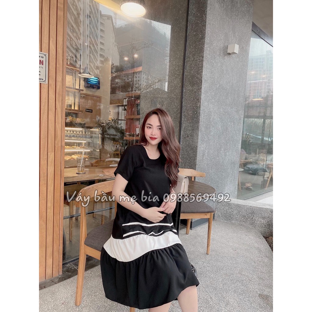 Váy bầu bigsize -Đầm bầu thiết kế GuMe màu đen đuôi cá 3 tầng phối trắng nhẹ nhàng chất vải sạn lụa sz từ 40-100kg MB63