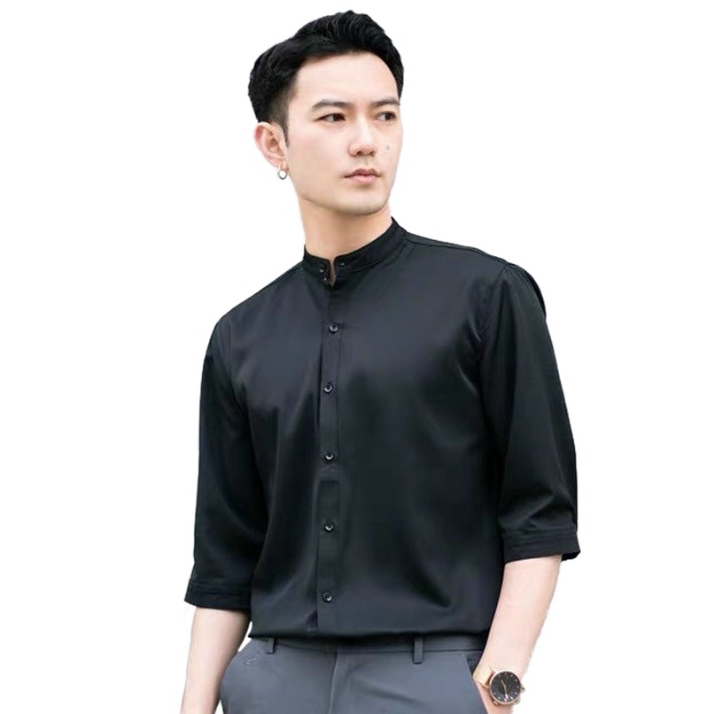 Sơ mi cổ trụ nam dài tay công sở Vesca màu đen trắng chất lụa thoải mái dáng form rộng hàn quốc B2