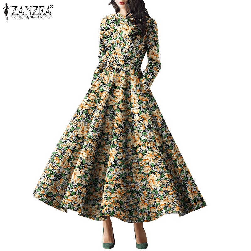 Đầm ZANZEA maxi dáng xòe dài phối khóa kéo lưng tay dài in hoạ tiết vintage cho nữ