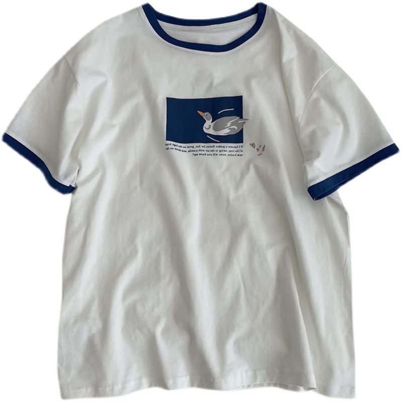 Áo phông ngắn tay viền cổ và tay áo hình in con vịt dáng rộng phong cách dễ thương