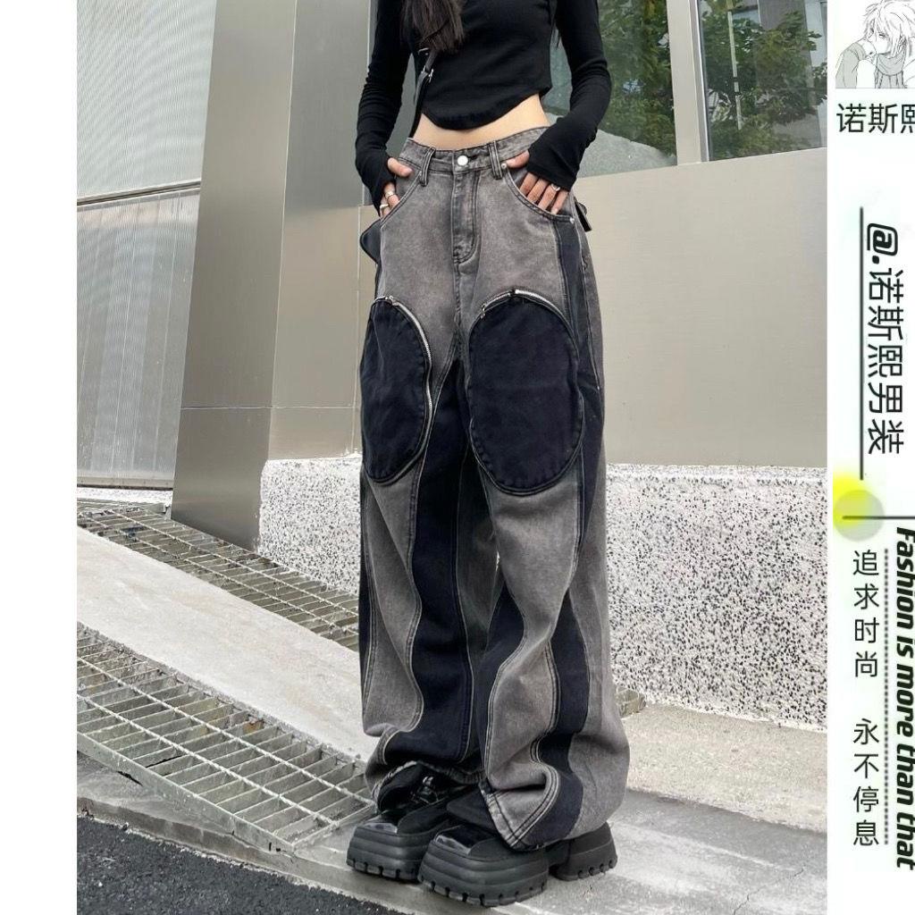 Quần Jean Dài Ống Rộng Phối Túi Lớn Phong Cách Mỹ Cá Tính Cho Nam Và Nữ