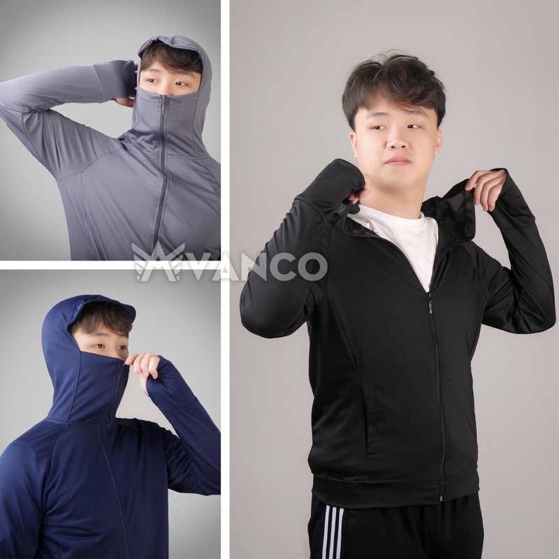 Áo chống nắng nam khoá kéo cao thay khẩu trang, vải thun lạnh Aircool thông hơi mặc cực mát