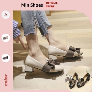 Giày da nữ cao gót nơ lụa đế vuông 5cm