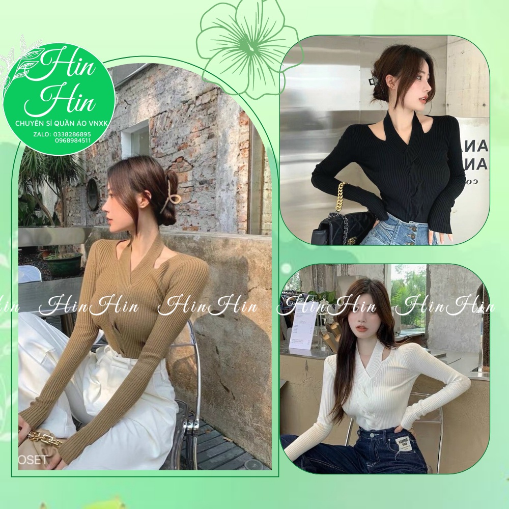 [Quà tặng là dây buộc tóc] [Hàng QC L1] Áo len cổ chéo xoắn ngực, Áo len dài tay nữ xoắn cổ phong cách Hàn Quốc -Hinhin