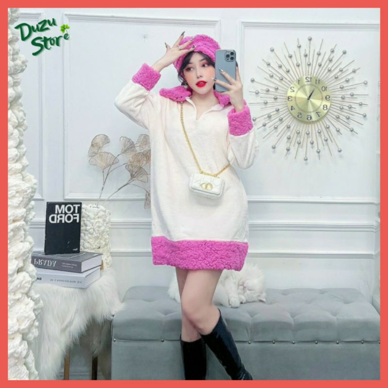 Đầm suông lông cao cấp, set váy lông mềm mịn kèm mũ Mã V01 hàng New Duzu Store