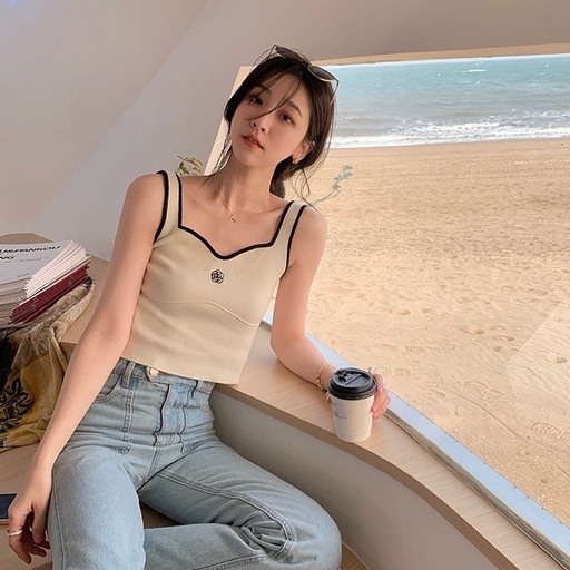 QADCOL Áo Hai Dây Dệt Kim Thêu Hoa Trà Xinh Xắn Cho Nữ