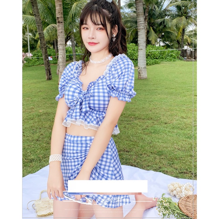 BỘ ĐỒ BƯƠI NỮ 2 MẢNH KẺ CARO  PHỐI REN  RÚT DÂY NỮ TÍNH