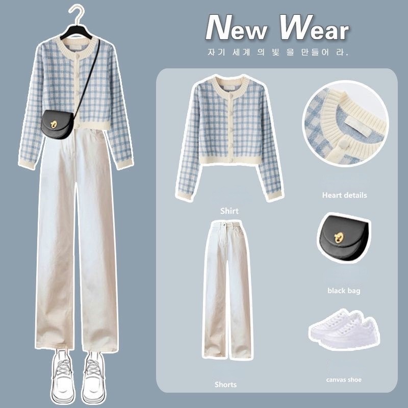 2022 Bộ áo cardigan dệt kim + quần jean lưng cao phong cách Hàn Quốc thời trang thu đông mới