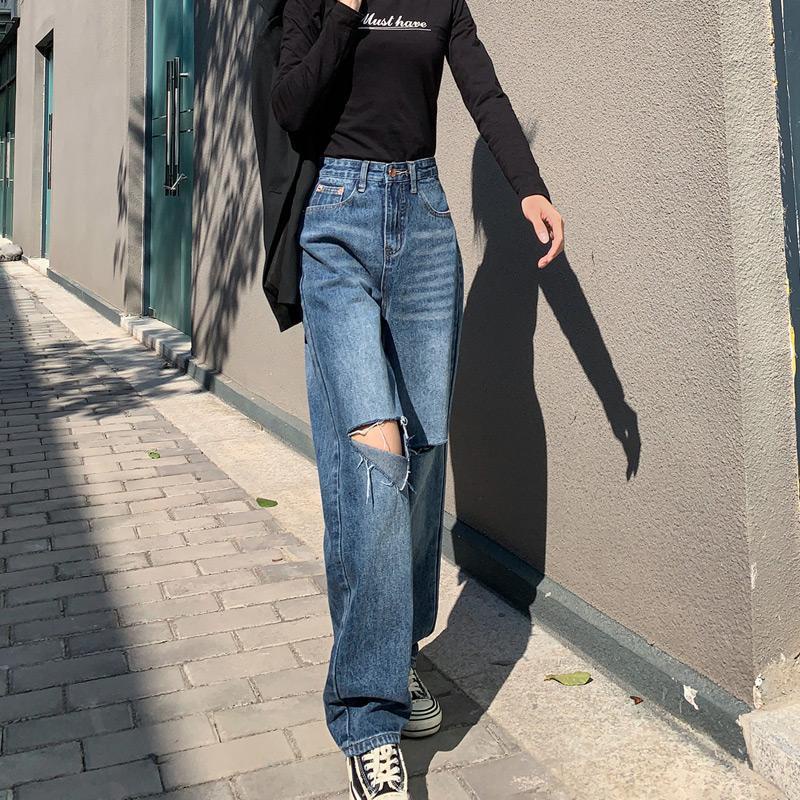 Jiashucheng Quần Jean Nữ Ống Rộng Lưng Cao Rách Gối Cá Tính