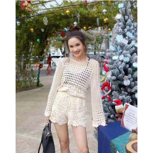 Sét đi biển quần sooc+áo lưới cổ tim hàng QC