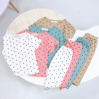 Bộ đồ ngủ ngắn tay chấm bi phong cách Hàn Quốc - Set Đồ mặc nhà thun tăm lạnh thời trang mùa hè cho bé gái, SUN KID'S