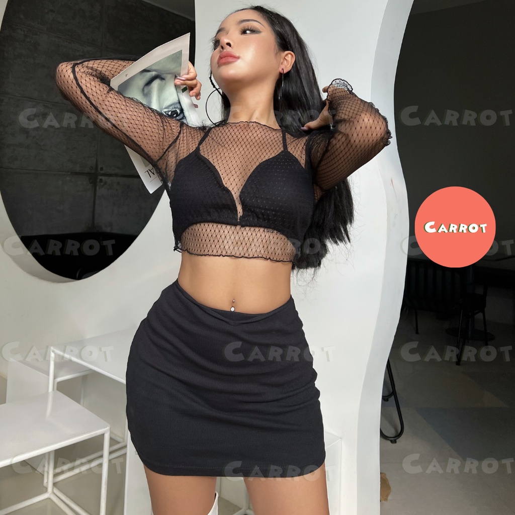 Áo lưới áo mút ngực áo lót đen hai dây chân váy ngắn ôm body sexy đi chơi chụp hình sang chảnh Carrotxinhdep