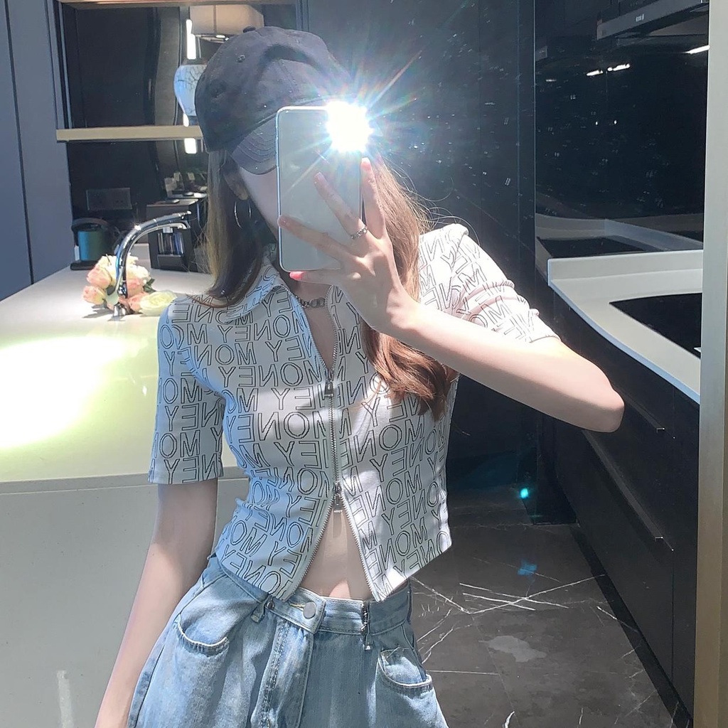 Áo POLO Dệt Kim Tay Ngắn Phối Khóa Kéo Lưng Cao Cá Tính