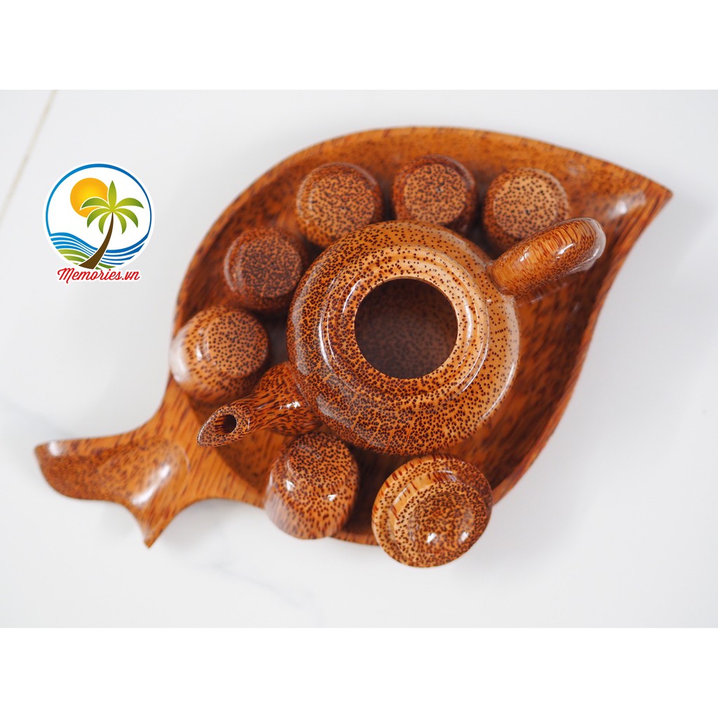 Bộ Bình Trà Bằng Gỗ Dừa Hình Chiếc Lá - Gồm 1 ấm trà, 1 đĩa chiếc lá, 6 ly tách - Quà tặng trang trí lễ Tết Memories.vn