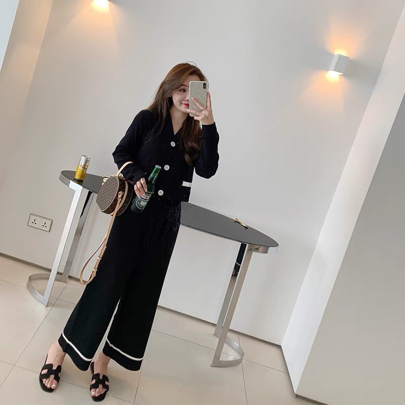 Set len mí viền túi mix quần ống rộng đồ bộ nữ thu đông