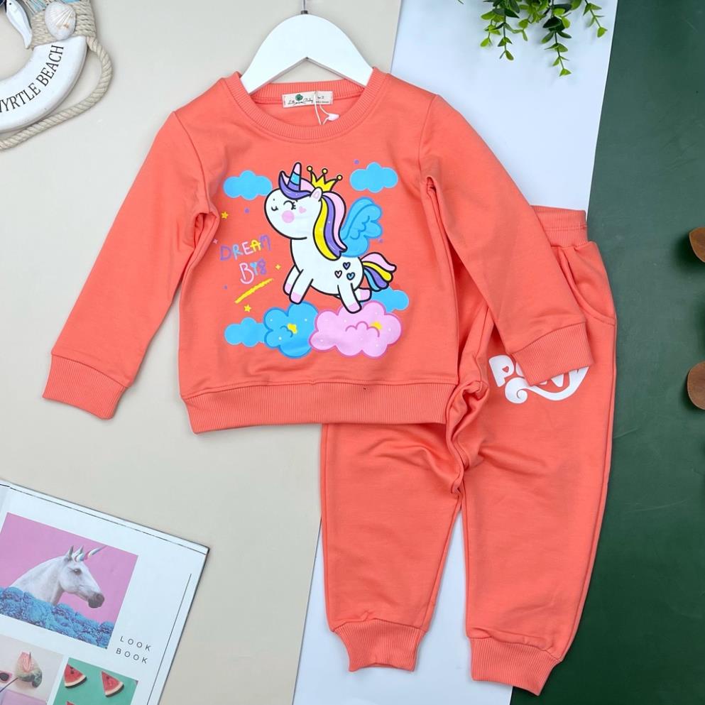 bộ nỉ da cá bé gái in hình cực xinh, mặc ấm. SIze 2-8T, cho bạn 11-24kg